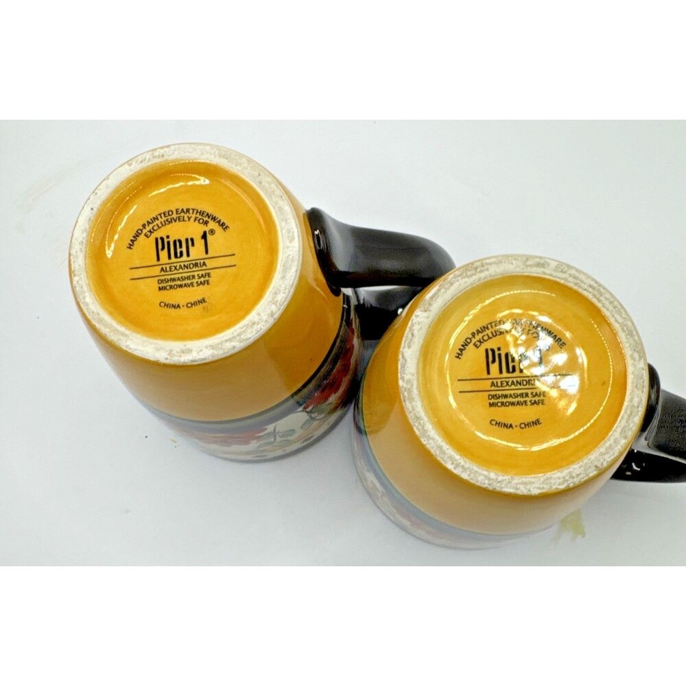 Pier 1 Alexandria Hand Painted Earthenware Mugs Yellow Blue Red Flowers Set of 2 - Picture 4 of 4